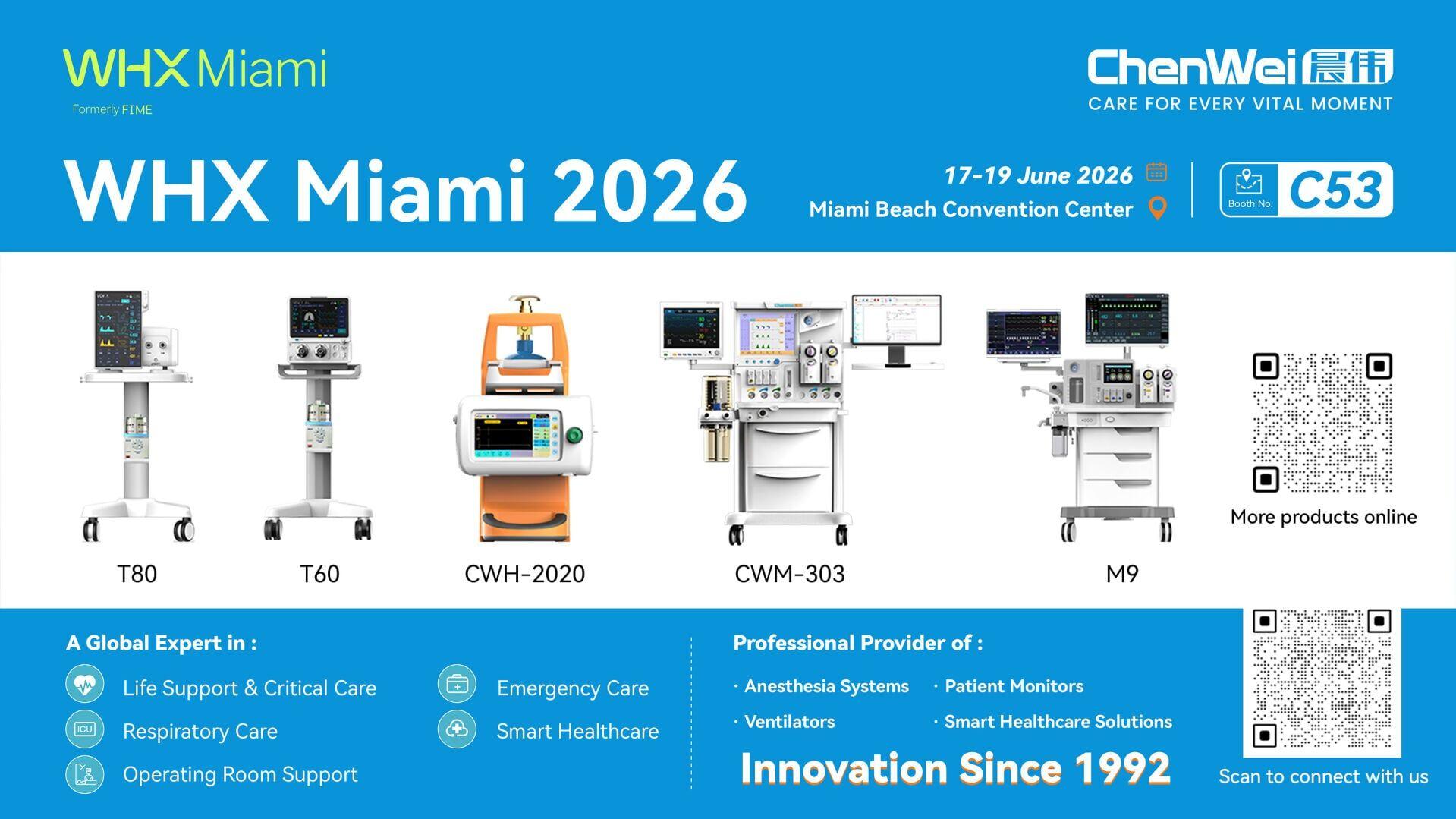 Chenwei Medical at WHX Miami 2026 (Booth C53), showcasing advanced Anesthesia Systems, Ventilators, Patient Monitors, and Smart Healthcare Solutions.