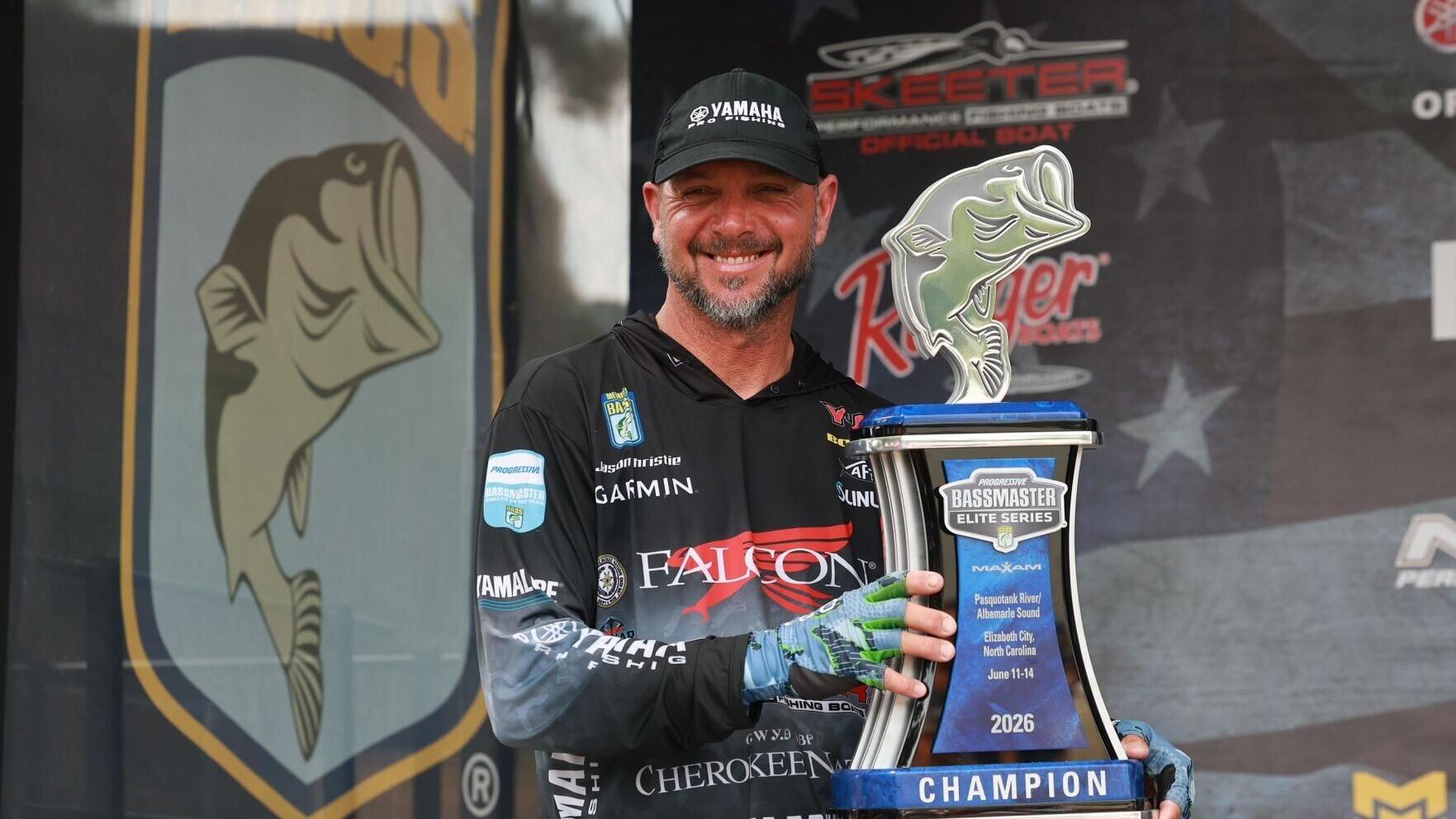 Oklahoma pro Jason Christie has won the Maxam Tire Bassmaster Elite at Pasquotank River/Albemarle Sound with a four-day total of 92 pounds, 7 ounces.