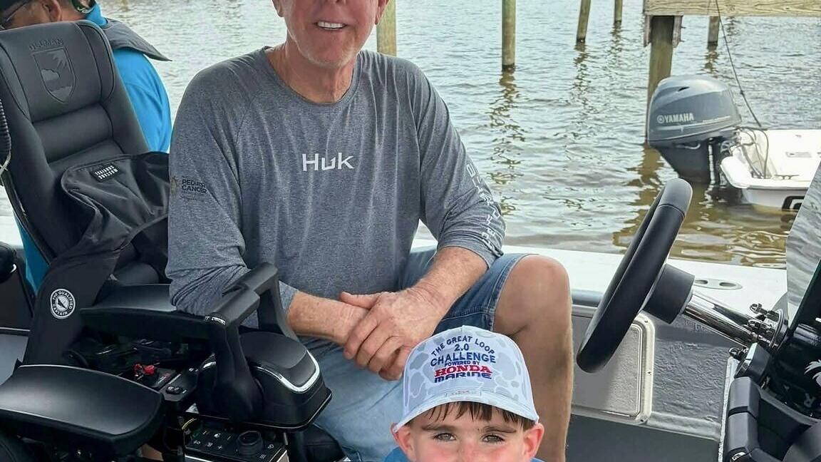 Captain Red &amp; Pediatric Cancer Warrior Greyson at The Great Loop Challenge Launch on August 8, 2026.