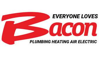 The logo for Bacon Plumbing, Heating, Air &amp; Electric. Everyone Loves Bacon.