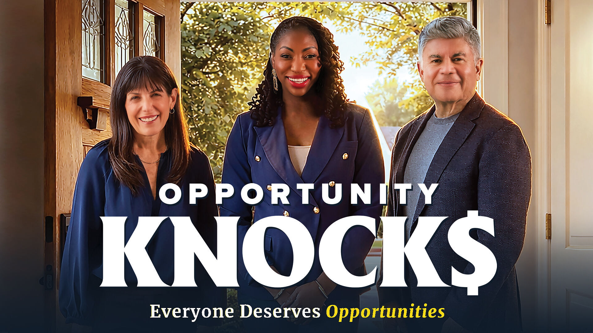 Opportunity Knocks Season 3 official poster showing the three Opportunity Coaches Jean Chatzky, Patrice Washington, and Louis Barajas.