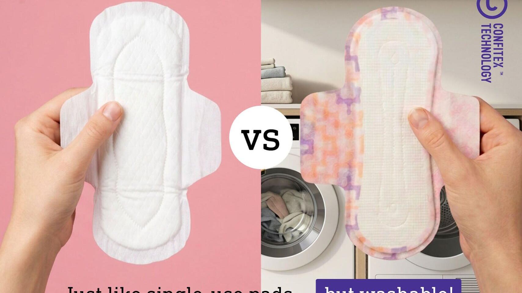 A single-use sanitary pad (left) compared with a Confitex Technology washable nonwoven reusable pad (right), which looks, feels and performs like a single-use pad but can be machine washed and tumble dried more than 30 times.