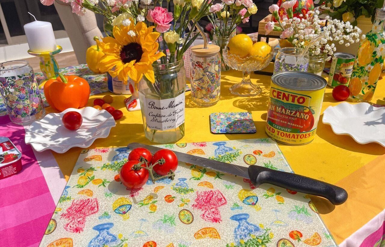 Designer cutting board on patio table