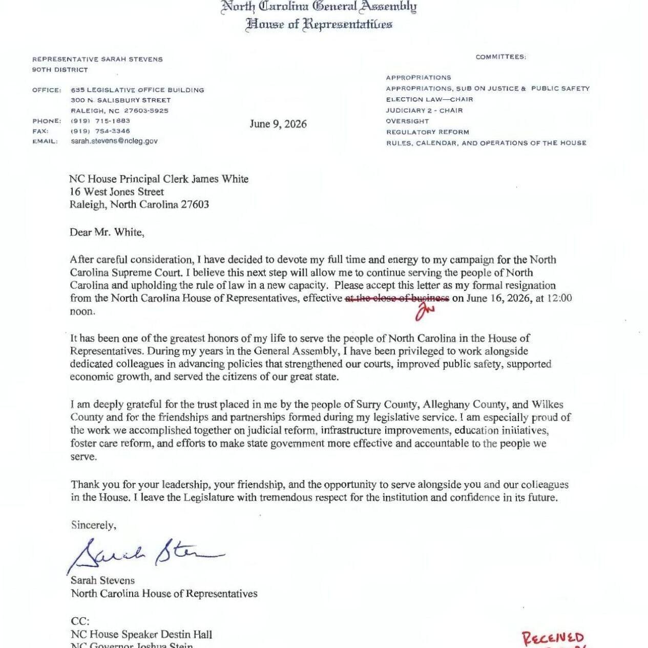 FNF - NC - Resignation Rep. Sarah Stevens