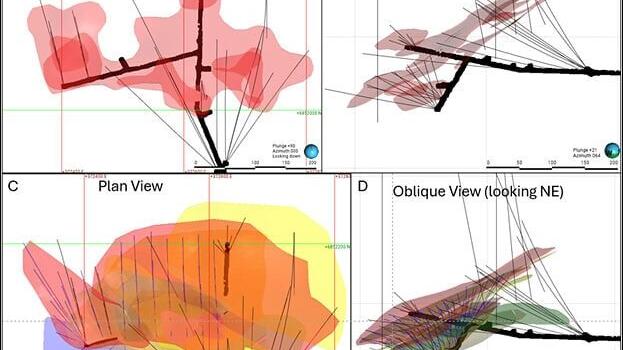 Figure 4. Geological model comparison before this phase of drilling and current geologic understanding after. Figure 4a and B show the initial understanding of the Lucky Shot vein system at the end of 2023. Figure 4C and D are updated geologic vein mode...