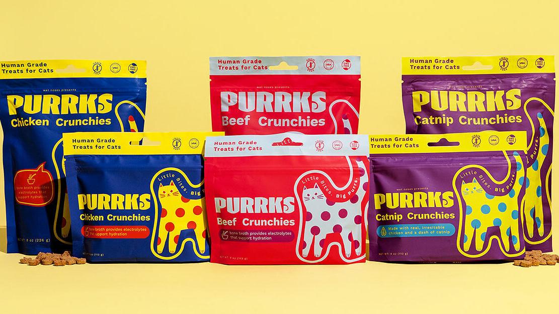 Purrks is available in convenient, resealable 4 oz and 8 oz bags. From left to right: Chicken Crunchies, Beef Crunchies, and Catnip Crunchies.