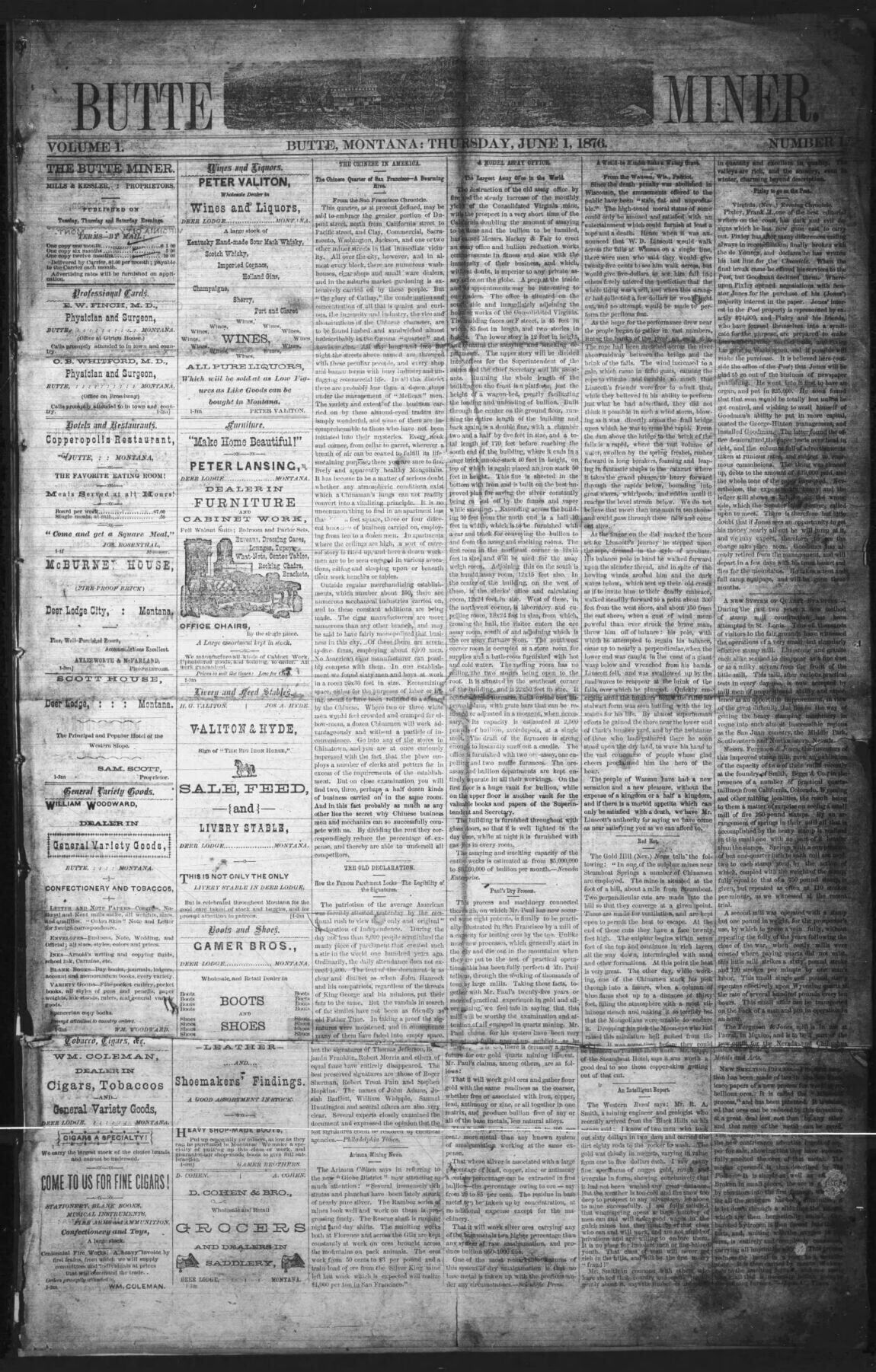 The Butte Miner's first edition on June 1, 1876.