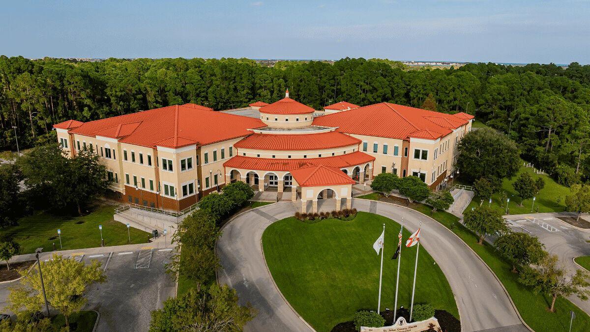 Aerial view of the St. Johns County Administration Building, located at 500 San Sebastian View, St. Augustine, where the Fiscal Year 2027 Public Budget Workshops were held.