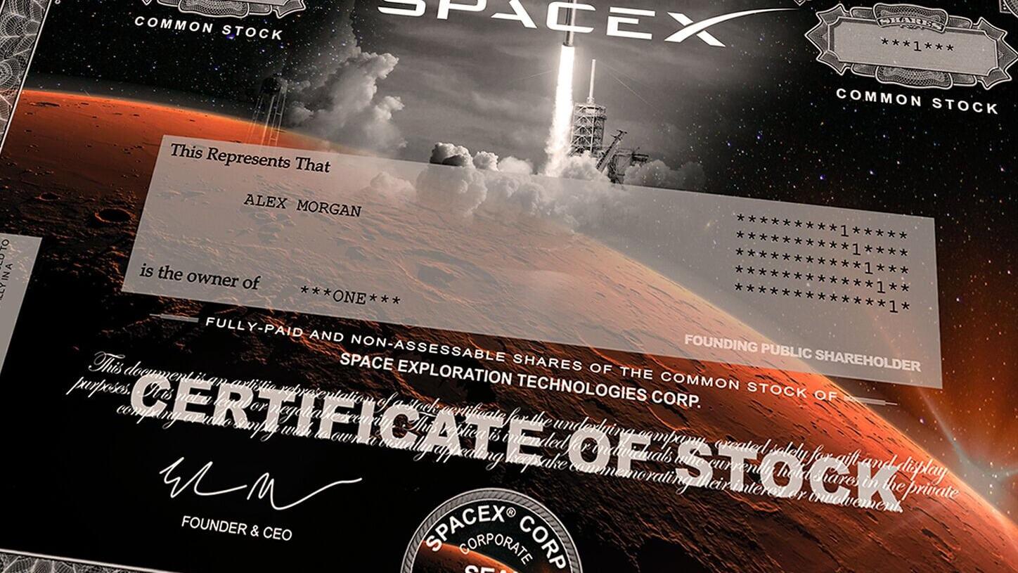 Close up of a SpaceX commemorative stock certificate showing the linen detail and limited-edition IPO markings