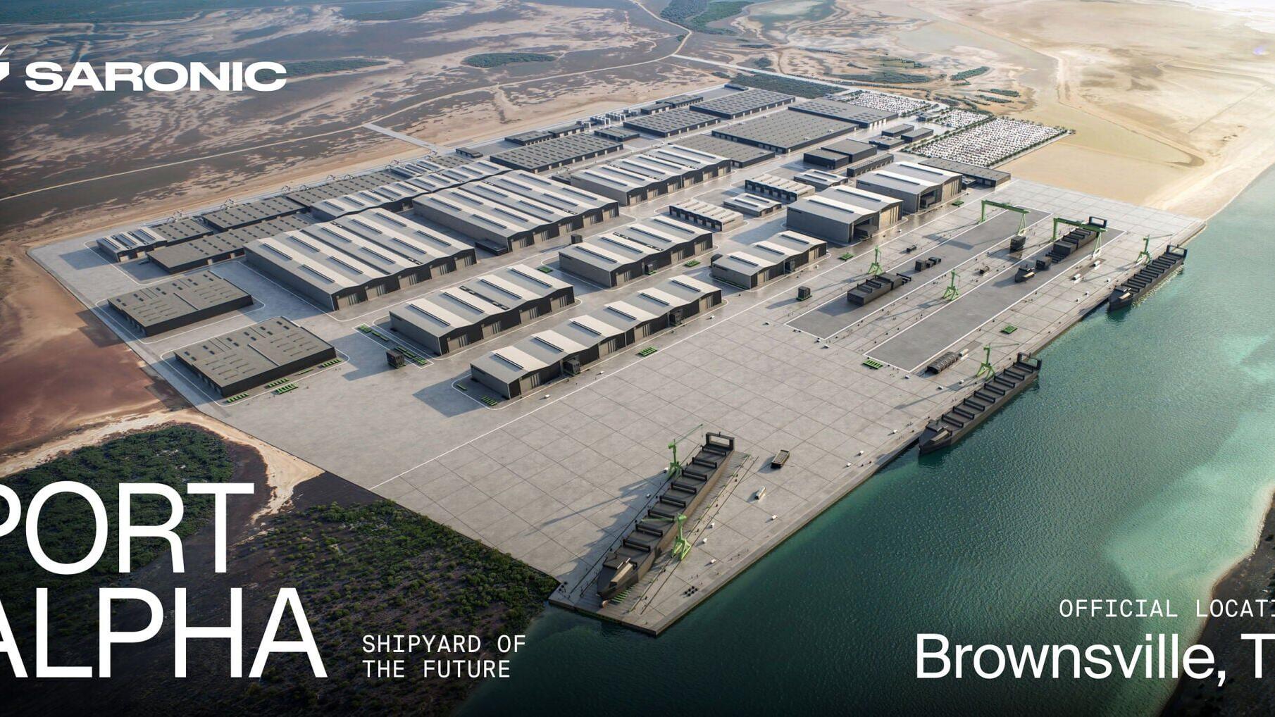 A rendering of Port Alpha, Saronic's next-generation shipyard coming to Brownsville, Texas — a $3B+ investment to rebuild American shipbuilding at scale.