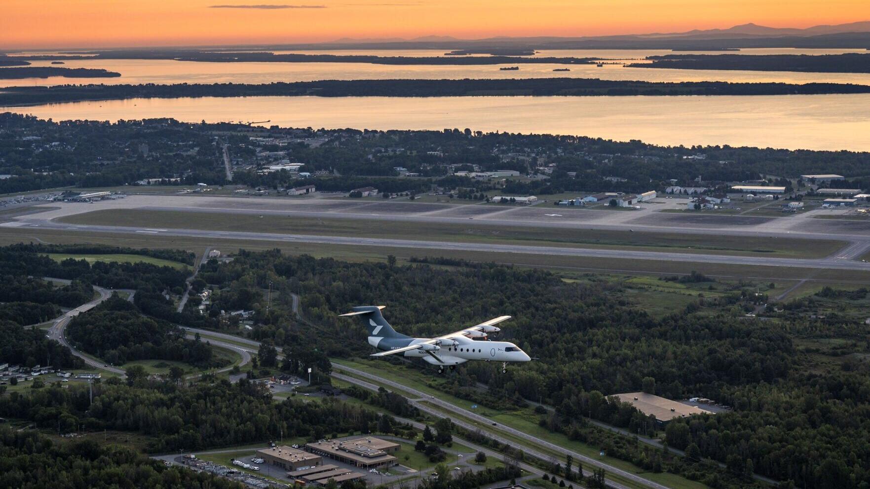 Heart Aerospace’s X1 demonstrator aircraft flies above Plattsburgh, New York, at sunrise during its first flight. (Photo: Heart Aerospace)