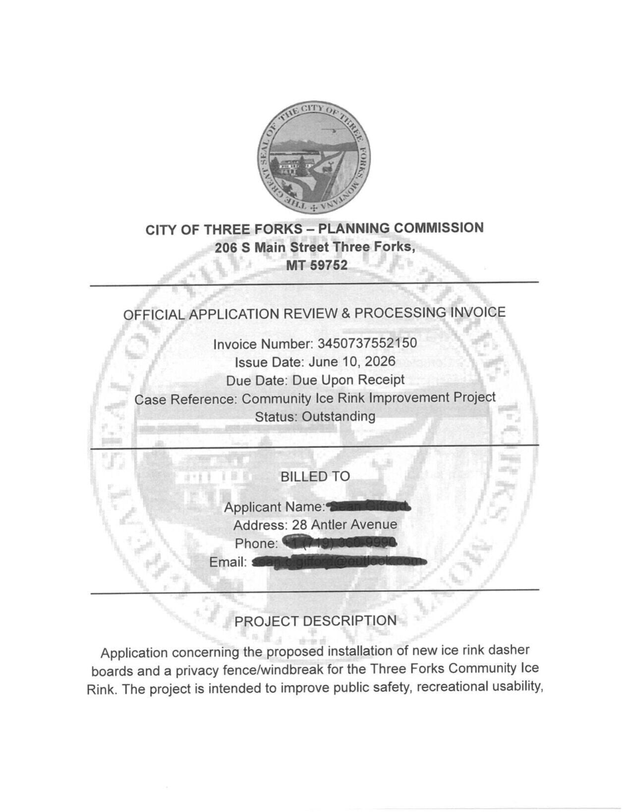 Scam invoice claiming to be from City of Three Forks officials