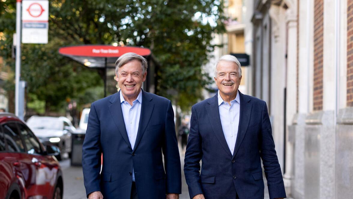 ASU President Michael Crow (left) and ASU London Professor and Chair of the Board of Trustee Directors Sir Malcolm Grant walk around the Clerkenwell neighborhood of London on Sept. 16, 2026. (Photo by Samantha Chow/Arizona State University)