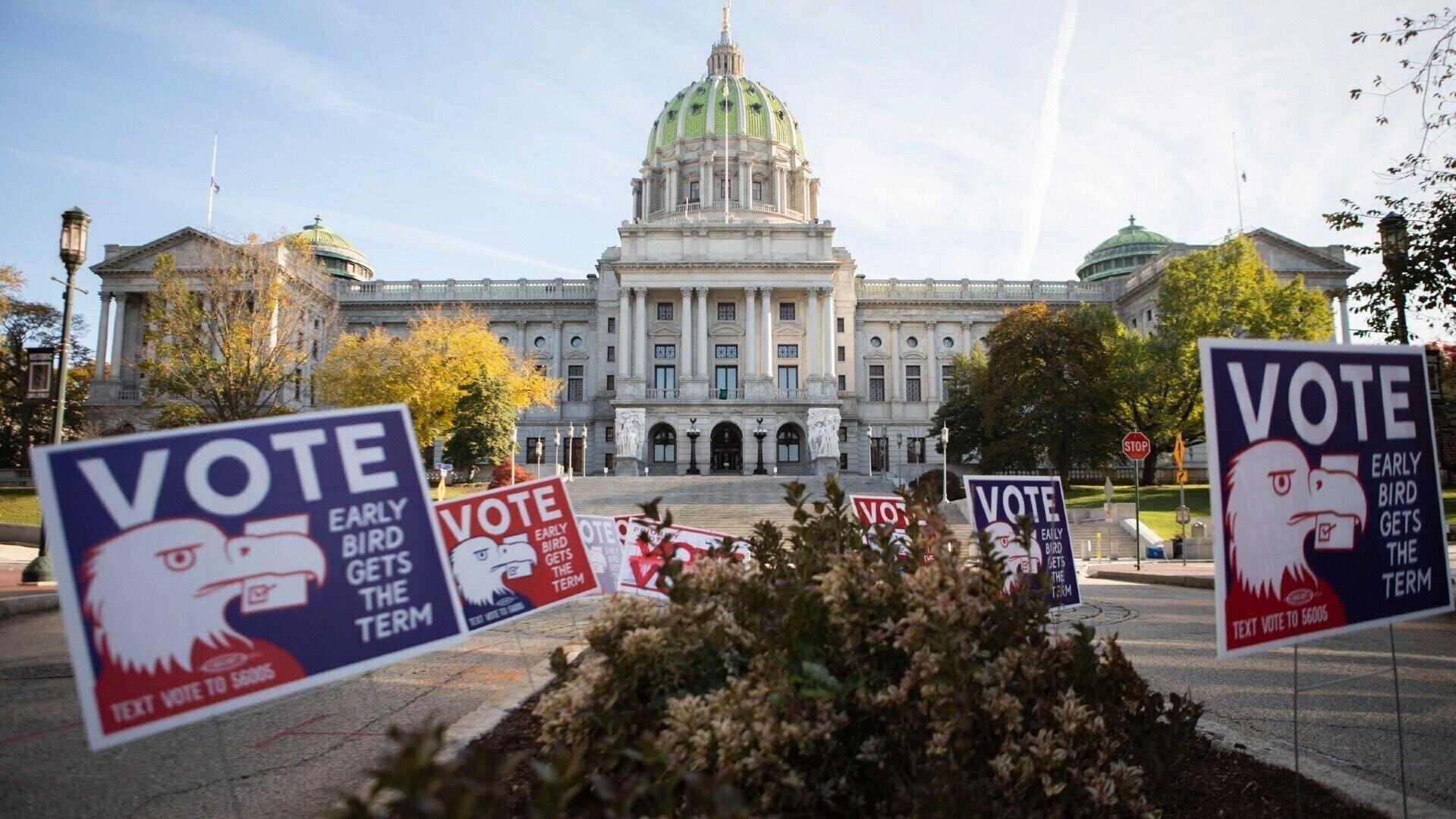 Pennsylvania’s capitol building in Harrisburg on the morning of Election Day 2020.