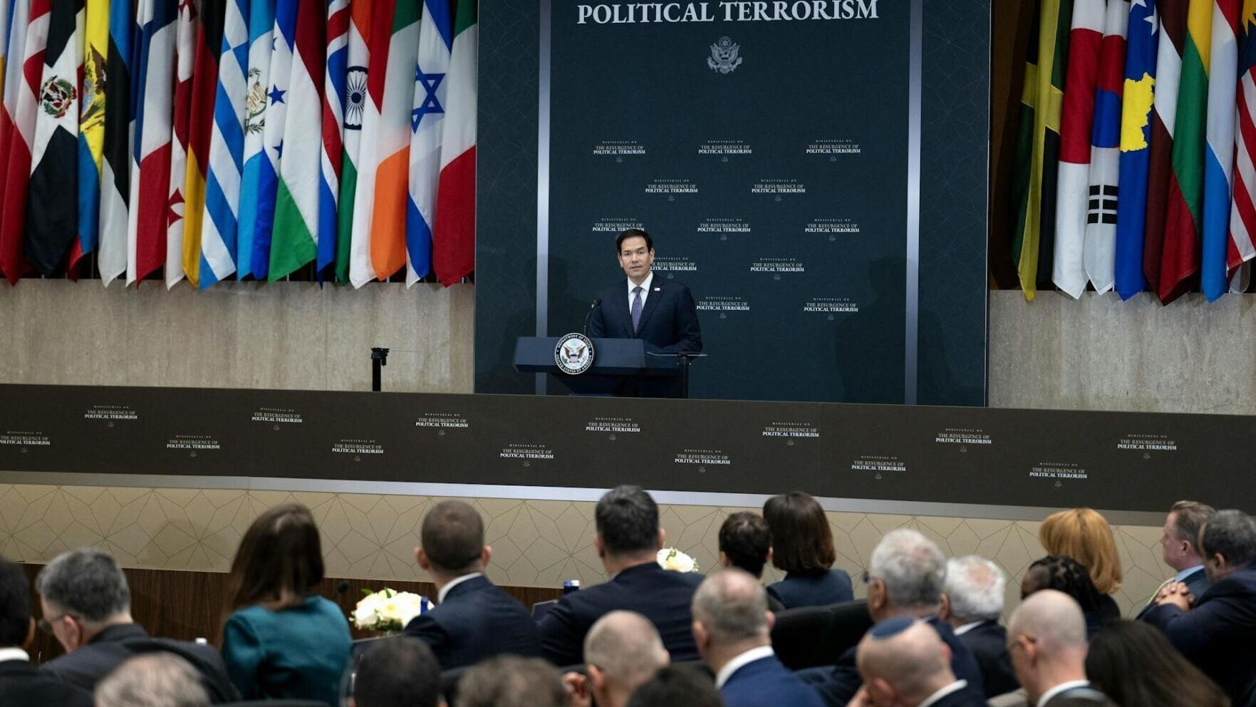 Secretary of State Marco Rubio speaks during the political terrorism conference on July 16, 2026, in Washington.