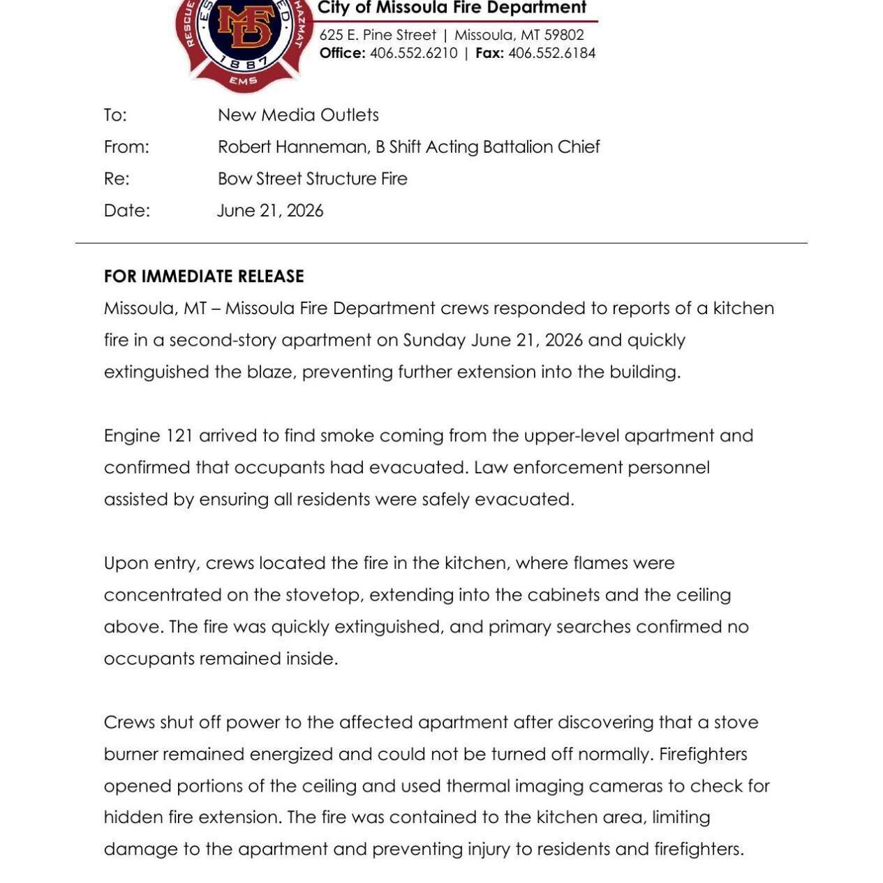 MFD Press Release- Bow Street Structure Fire