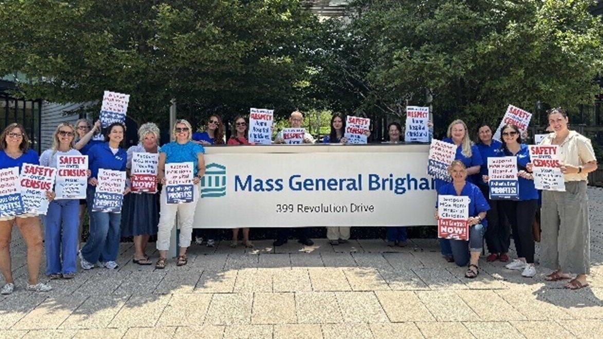 MGB Home Hospital clinicians with the MNA protest outside MGB Headquarters in Somerville on June 11, 2026.