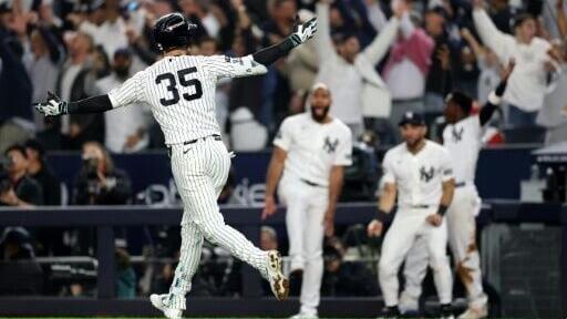 New York Yankees outfielder Cody Bellinger salutes team-mates and fans after his three-run home run helped defeat the Boston Red Sox