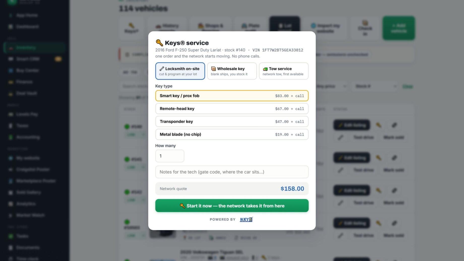 One order, no phone calls: Levels Dealer OS identifies the vehicle, Keys® matches the key and quotes the job, and a qualified locksmith takes it from there.