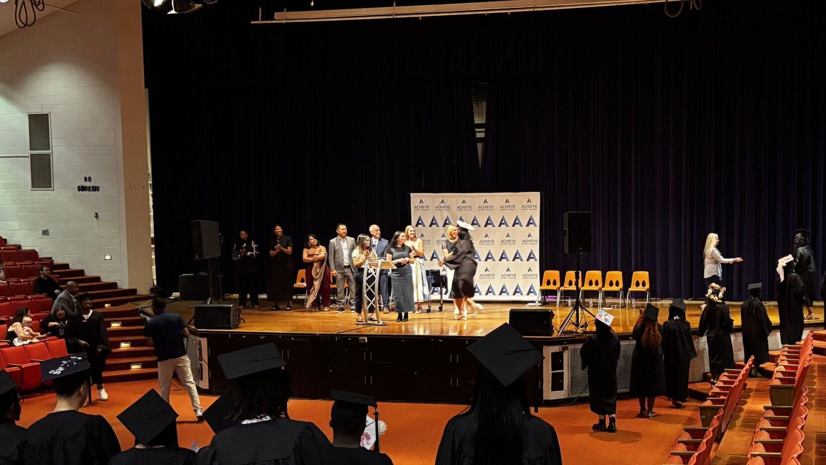 Achieve Detroit Academy, an online public charter high school, celebrated its first graduating class during a commencement ceremony on Thursday, June 11, at the Detroit Lions Academy.