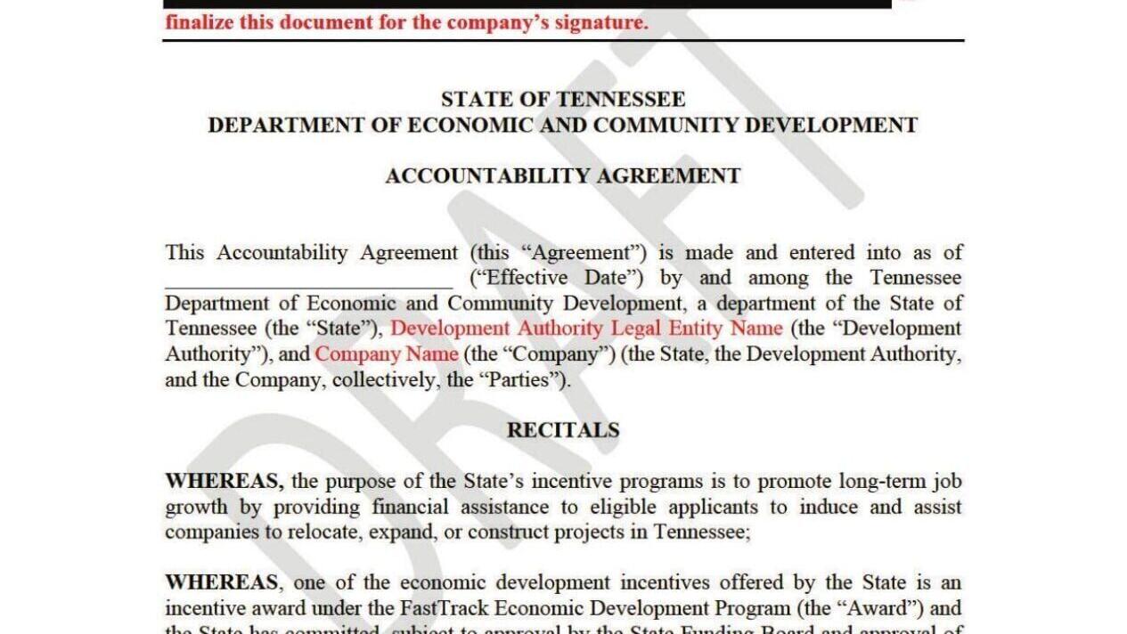 Template Accountability Agreement for TN economic development grants