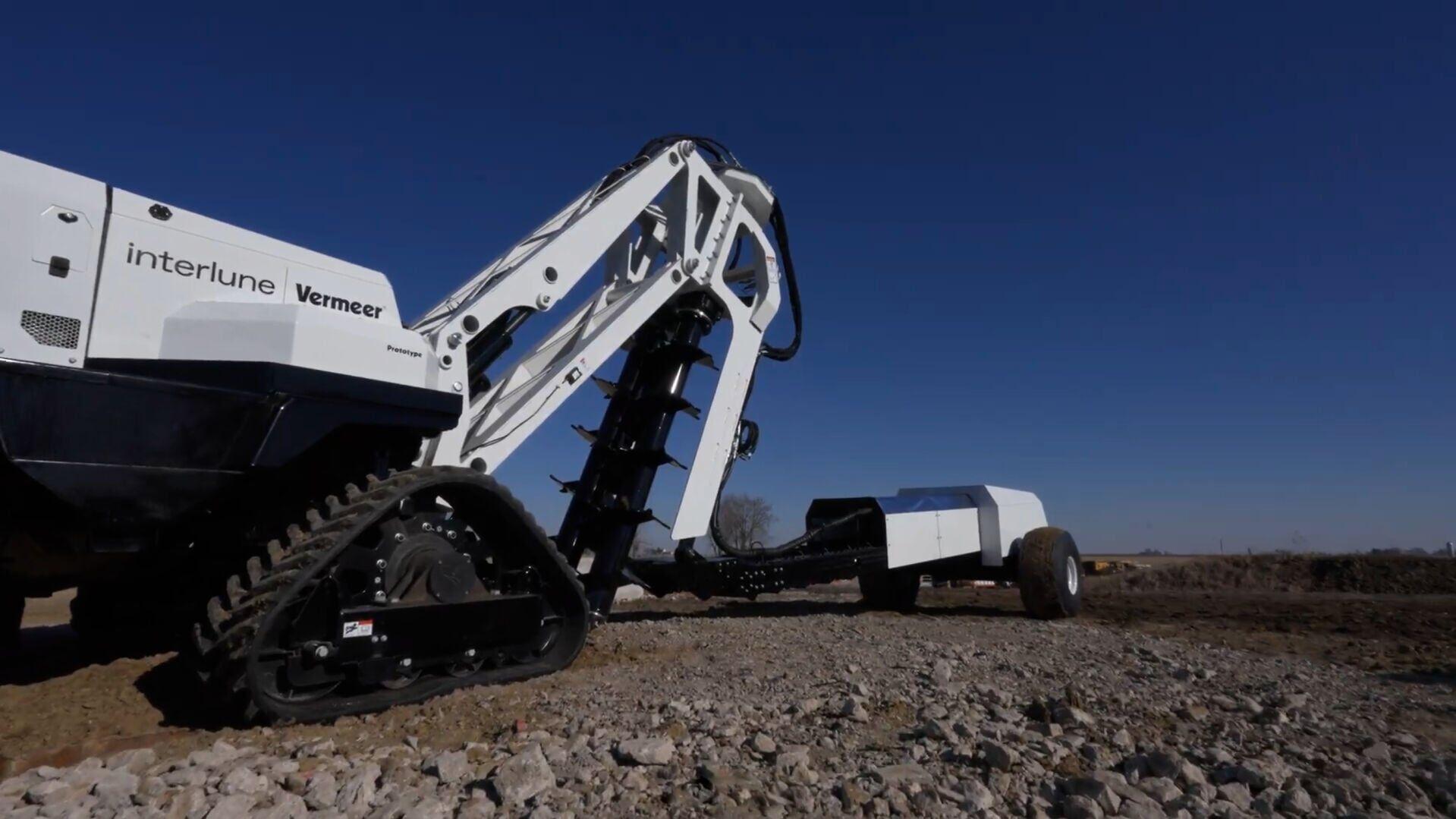 A full-scale prototype of the Interlune excavator developed in partnership with Vermeer in 2025. Testing as shown was done with auxiliary components.