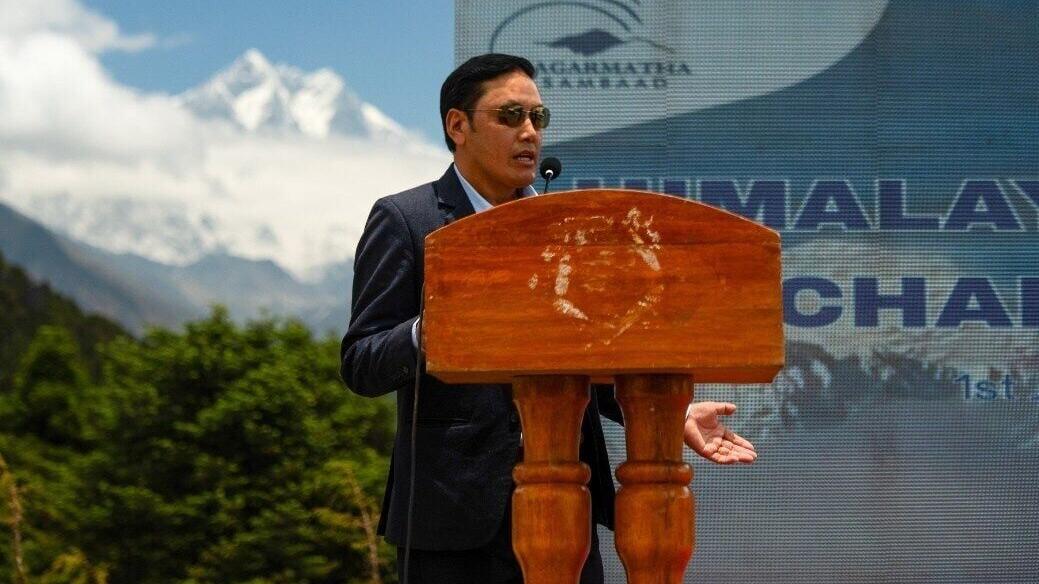 Mingma Chirri Sherpa, Mayor of the Khumbu Pasang Lhamu Rural Municipality, speaks at the “Himalayan Climate Charter 2026 Namche Summit.”