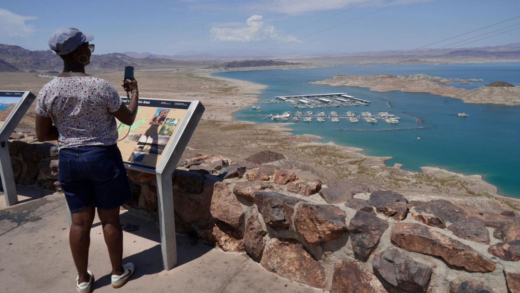 A view over Lake Mead shows how far the lake's level has fallen.