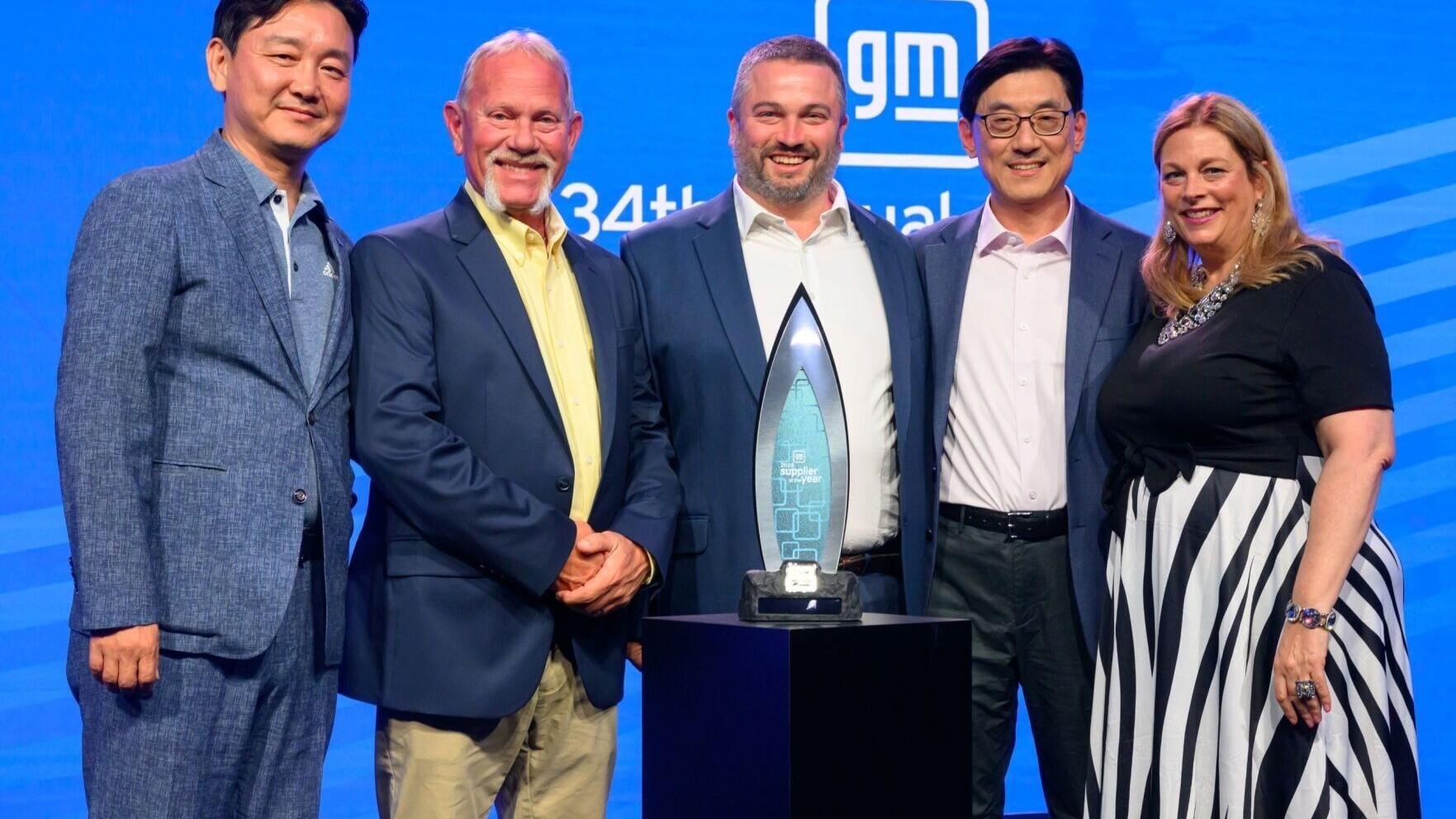 (From left) HL Mando Sales Director Jake (Jongkoo) Kang, Production Team Leader Eric Slauson, R&amp;D Director Jeff Pontius, Head of HL Mando Americas Region Jason (Jae-hyuk) Kim, and GM Global Chassis Body Structures Purchasing Director Kimberley Huot.
