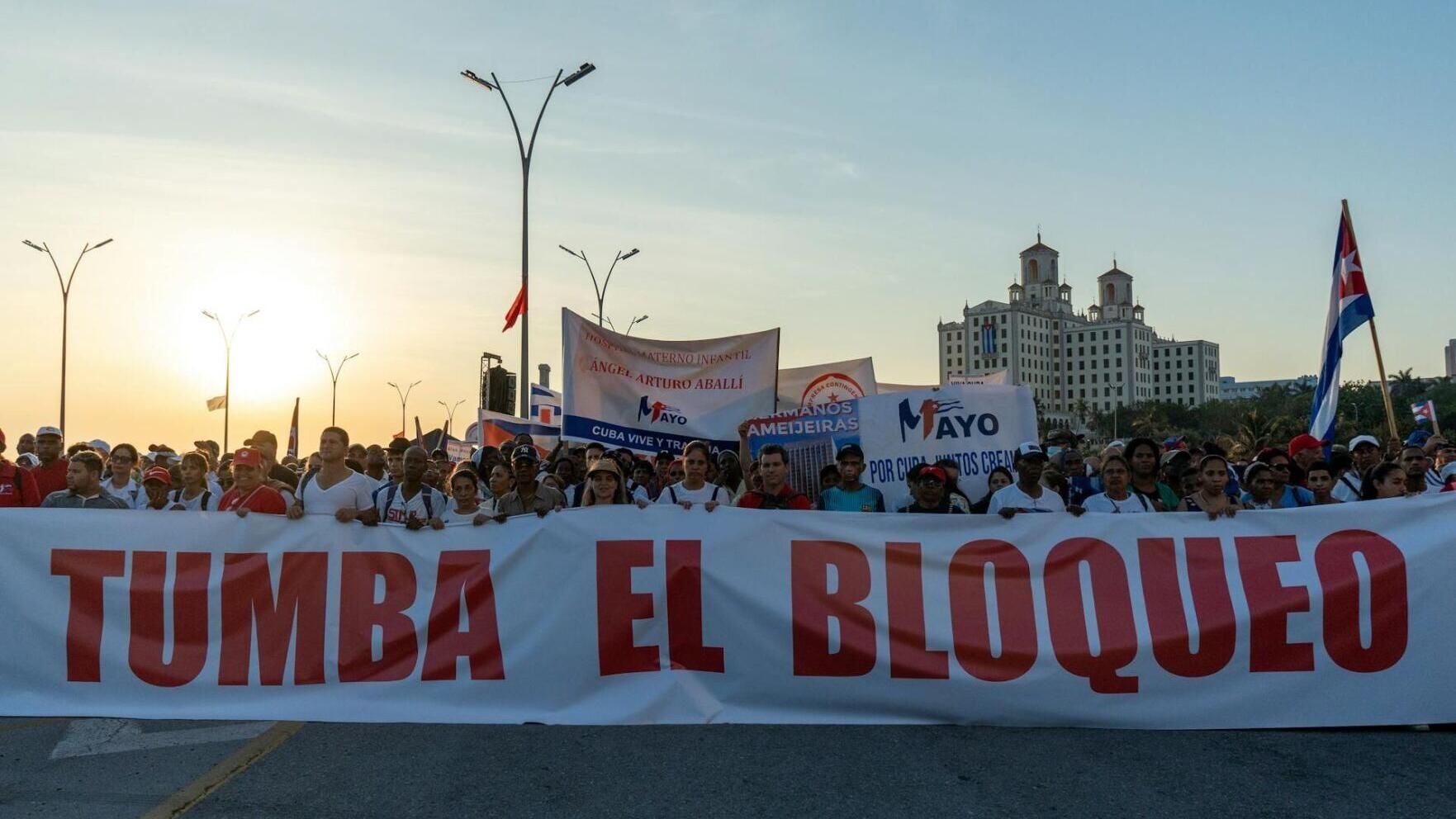 An International Workers' Day demonstration on May 1, 2026, in Havana includes a protest of the ongoing U.S. blockade of oil to Cuba.