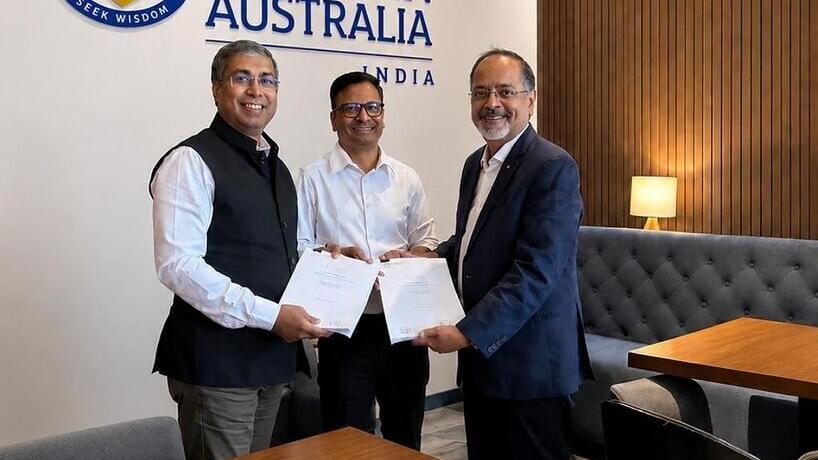 L–R: David Das, Chief Operating Officer, The University of Western Australia – India Operations; Sebi PK, Finance Head, SRM Technologies; and Kannan Natarajan, Global Head - EdTech &amp; Public Sector Business, SRM Technologies; formalizing the partnership.