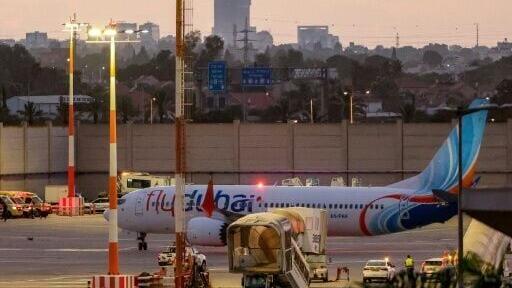 A flydubai Boeing 737 MAX 8 aircraft is pictured on the tarmac after landing at Israel's Ben Gurion Airport on Wednesday