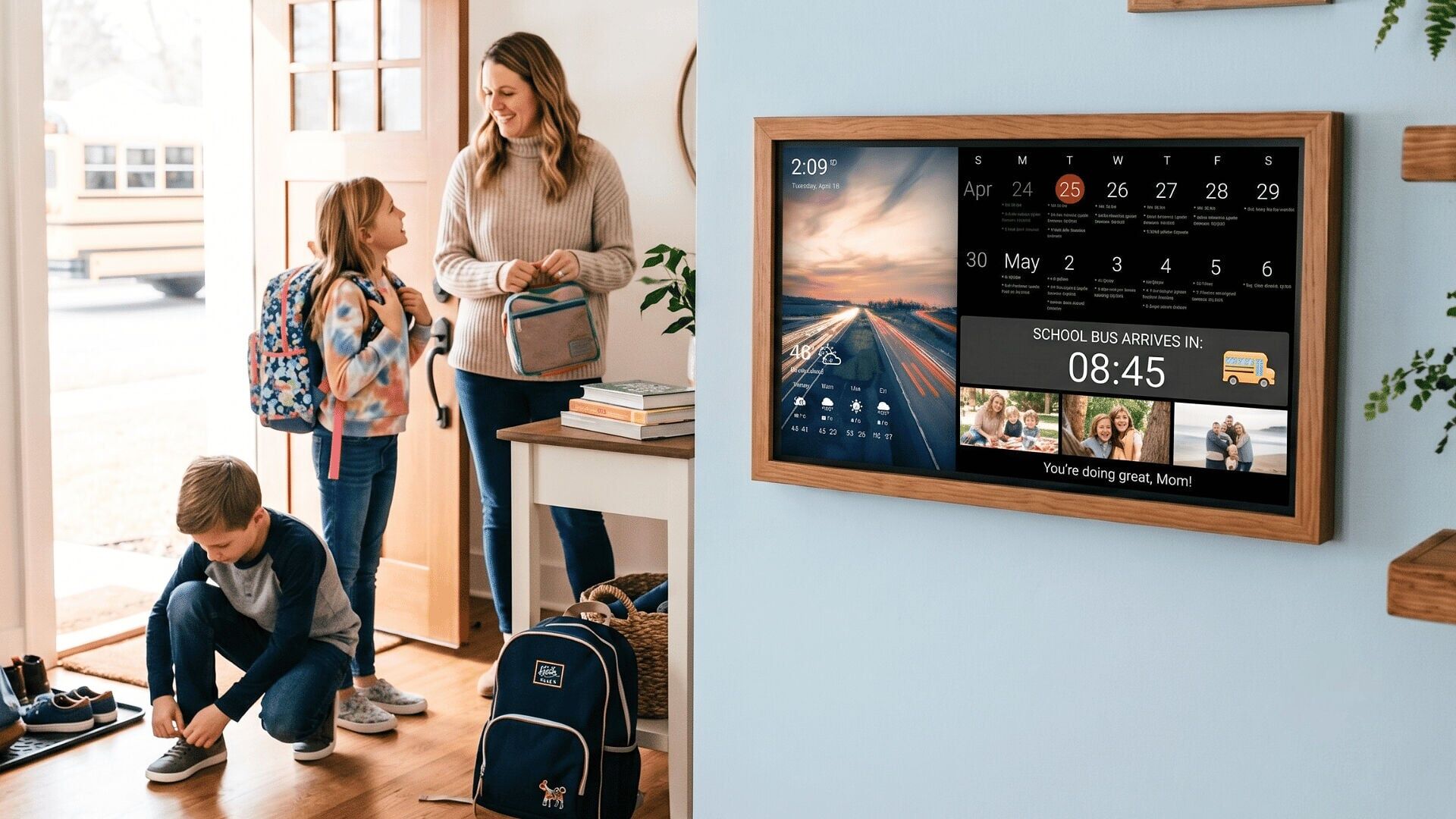 Master the back-to-school morning rush! DAKboard's interactive display makes it easy for the whole family to check the day's schedule, grab their gear, and head out the door on time to catch the school bus.