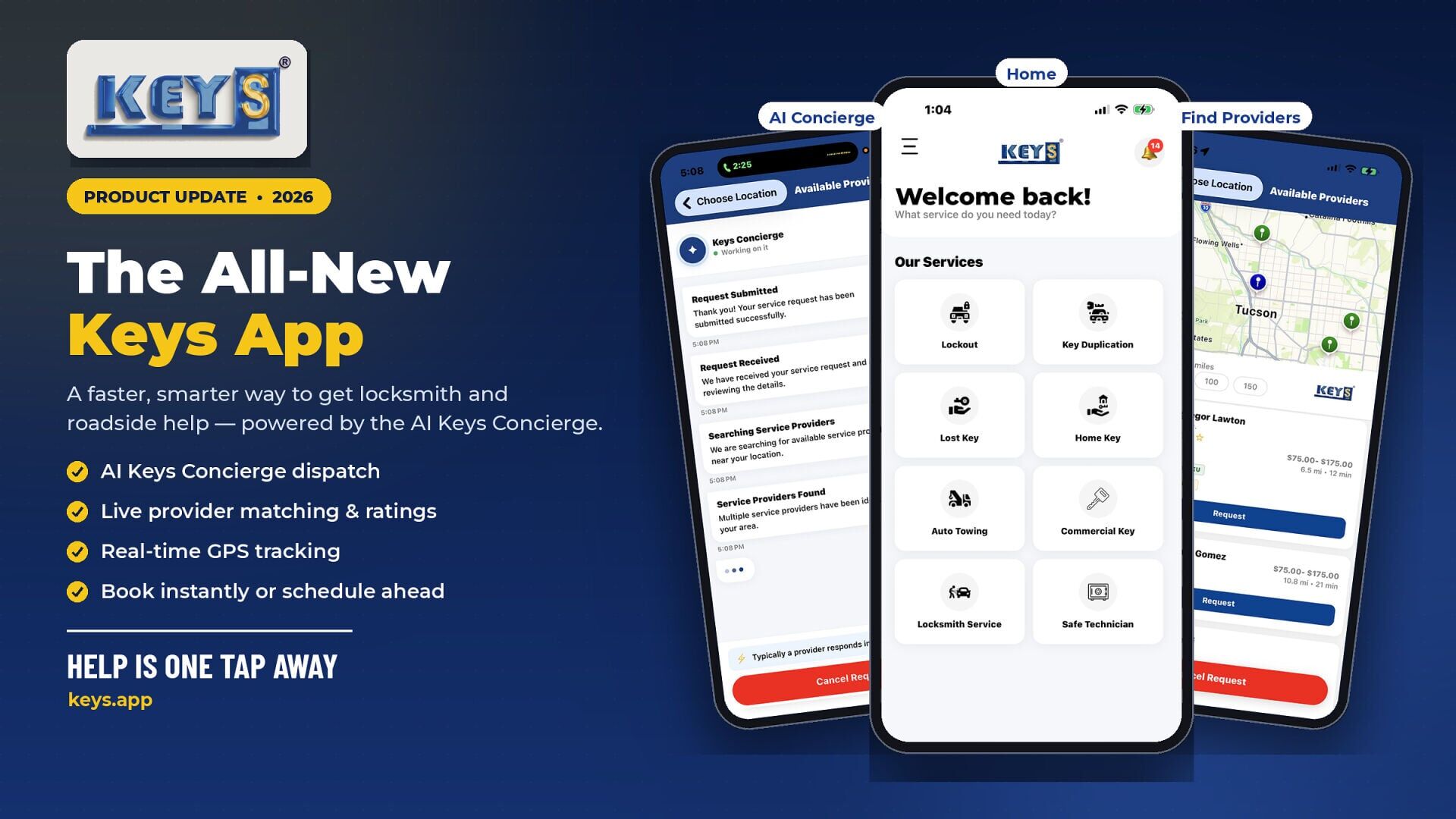 The all-new Keys App is here. We rebuilt the experience around one promise: help is one tap away. Request a locksmith or roadside service in seconds and let the AI - Keys Concierge™ handle the rest - instantly matching you with rated providers, tracking...
