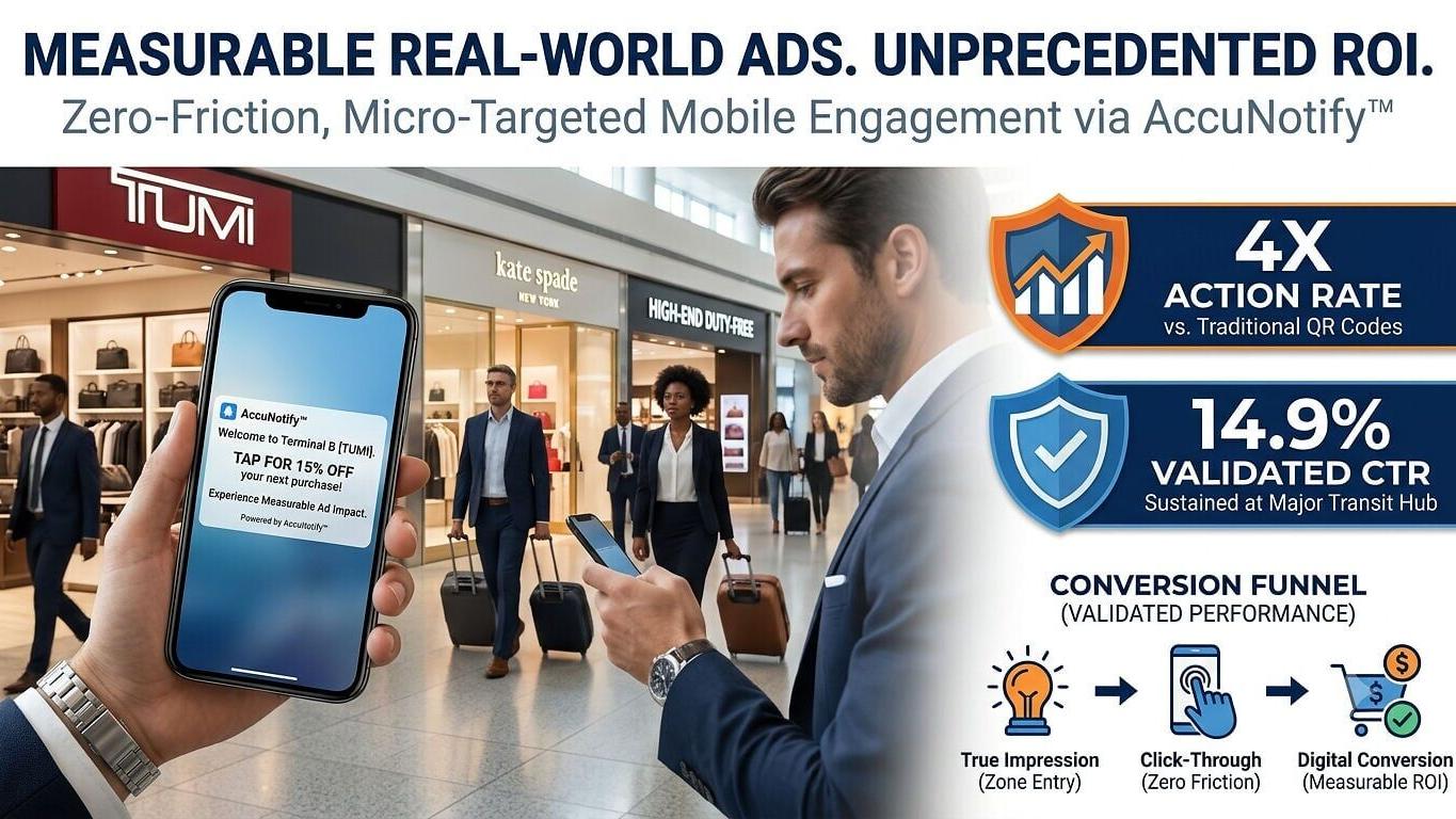 Conceptual illustration: AccuNotify™ turns real-world locations into measurable digital ad inventory by delivering proximity-triggered mobile engagement at the moment of physical presence.