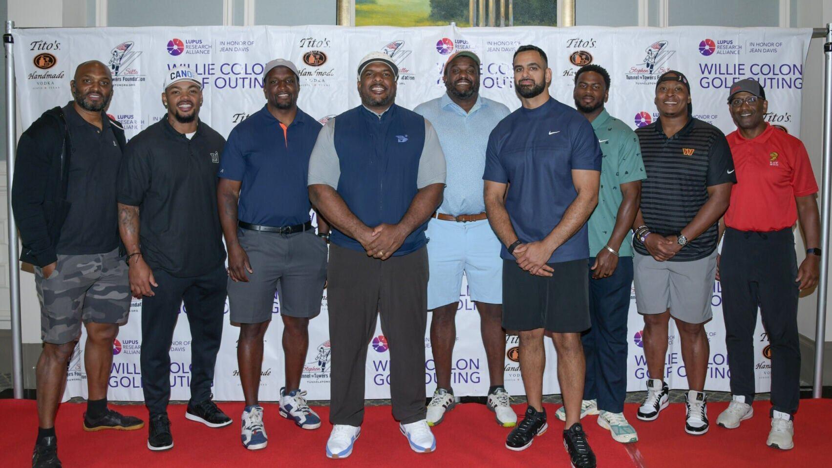 Sports celebrities come together at the 12th Annual Willie Colon Golf Outing benefiting the Lupus Research Alliance. Pictured (from left to right): Amani Toomer, Jonathan Casillas, David Harris, Willie Colon, Phil Alexander, Oday Aboushi, Quincy Enwau, ...