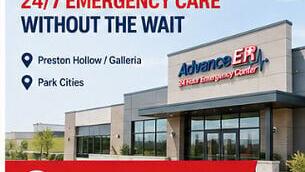 Exterior photo of an Advance ER emergency center with promotional text highlighting 24/7 emergency care without the wait and service availability 24 hours a day, seven days a week.