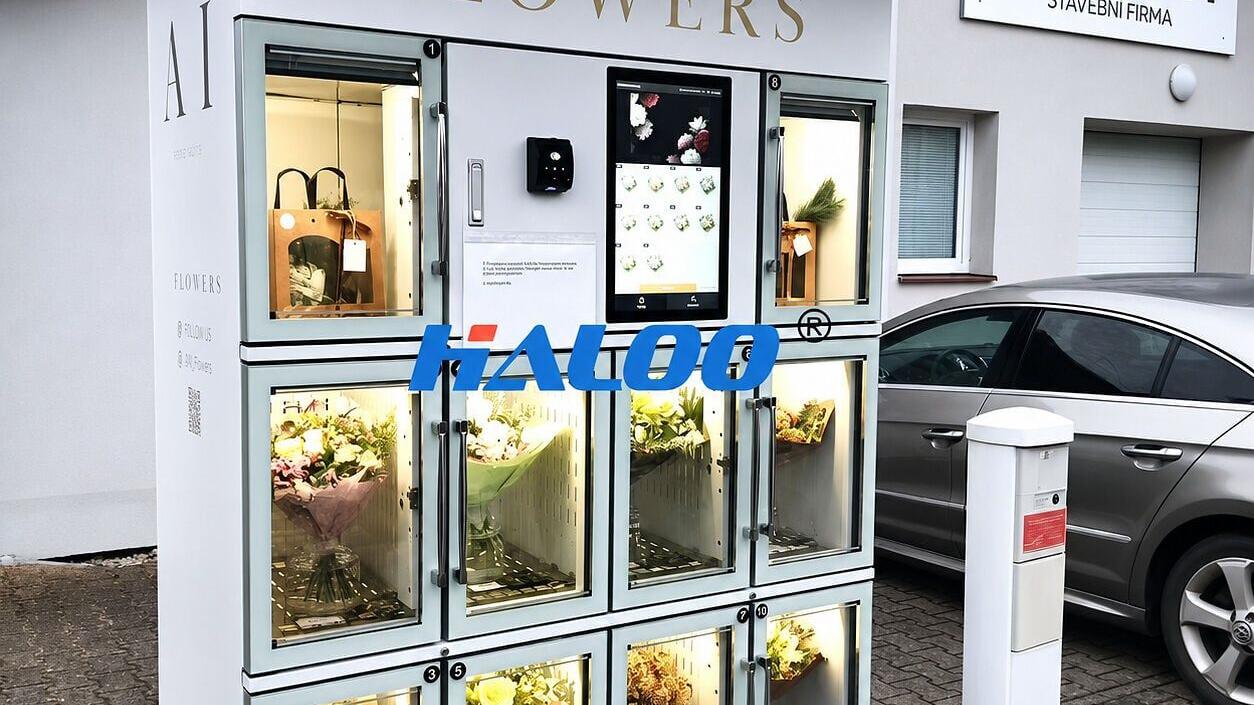 A Haloo flower vending machine stationed in a residential neighborhood offers fresh-cut flowers around the clock