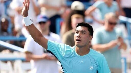 American Brandon Nakashima celebrates after defeating top-seeded defending champion Alex de Minaur of Australia in the Washington Open quarter-finals
