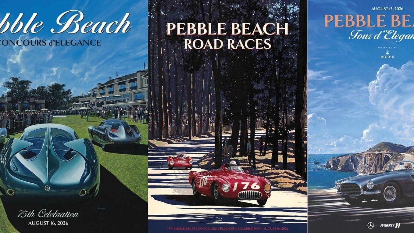 The poster collection honors the Pebble Beach Concours d'Elegance, the Pebble Beach Tour d'Elegance and, for the first time ever, the legacy of the Pebble Beach Road Races, which led to the creation of the Concours.