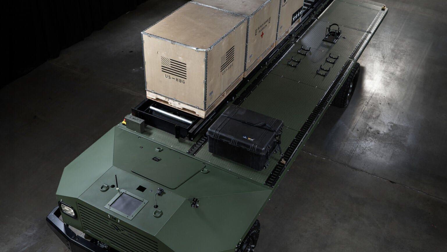 A prototype of an uncrewed military ground vehicle for American Rheinmetall based on Harbinger’s dual-use hybrid chassis. Harbinger designed its chassis to be flexible and up-fit ready to meet mission demands.