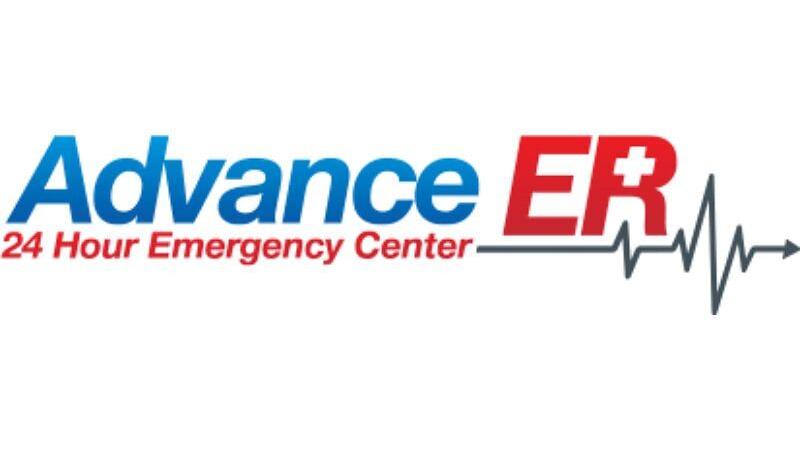 Advance ER 24 Hour Emergency Center logo featuring the word ‘Advance’ in blue, ‘ER’ in red with a medical cross, and a heartbeat line graphic extending to the right, with ‘24 Hour Emergency Center’ written in red below.