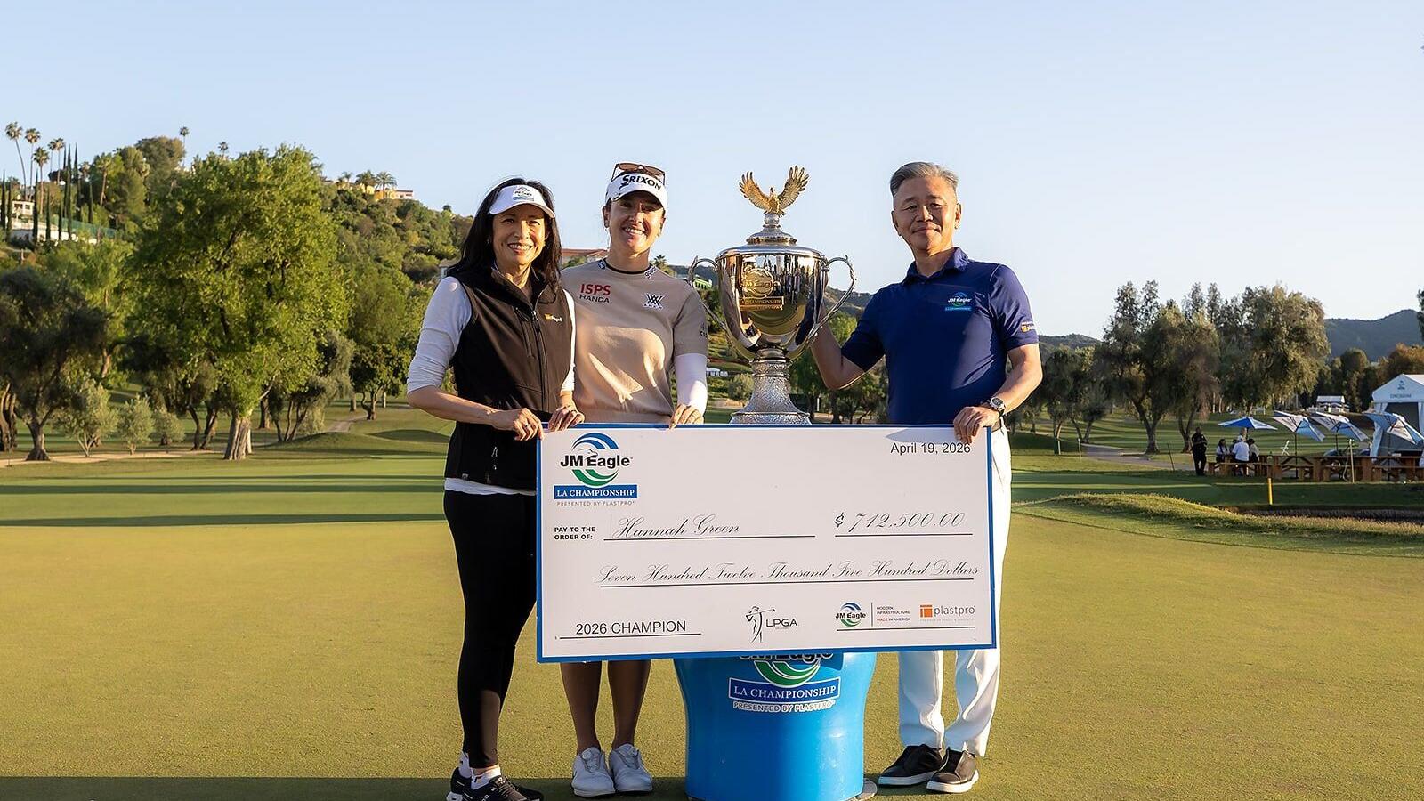 Plastpro CEO Shirley Wang, 2026 JM Eagle LA Championship winner Hannah Green, JM Eagle CEO Walter Wang