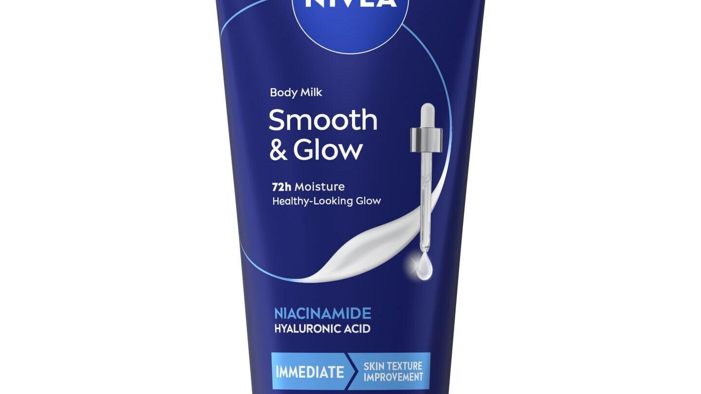 NIVEA Smooth &amp; Glow Body Milk, an ultra-light body lotion for normal to dry skin that delivers 72-hours of deep moisture.