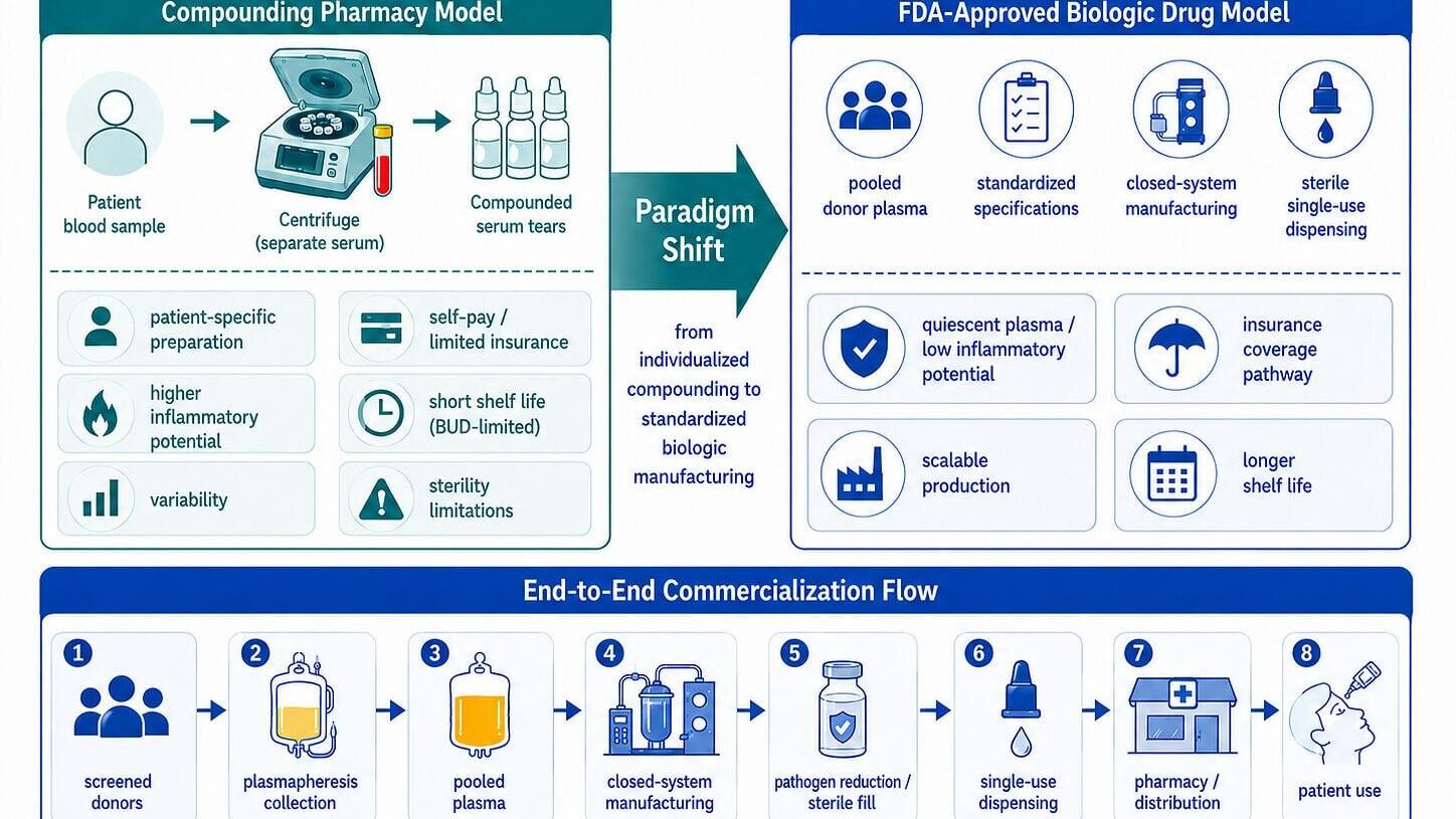 Commercializing Pooled Plasma Eye Drops - A scalable biologic platform for moderate-to-severe dry eye.
The infographic illustrates a proposed paradigm shift from individualized, centrifuge-based compounded serum tears to an intended FDA-approved biologi...