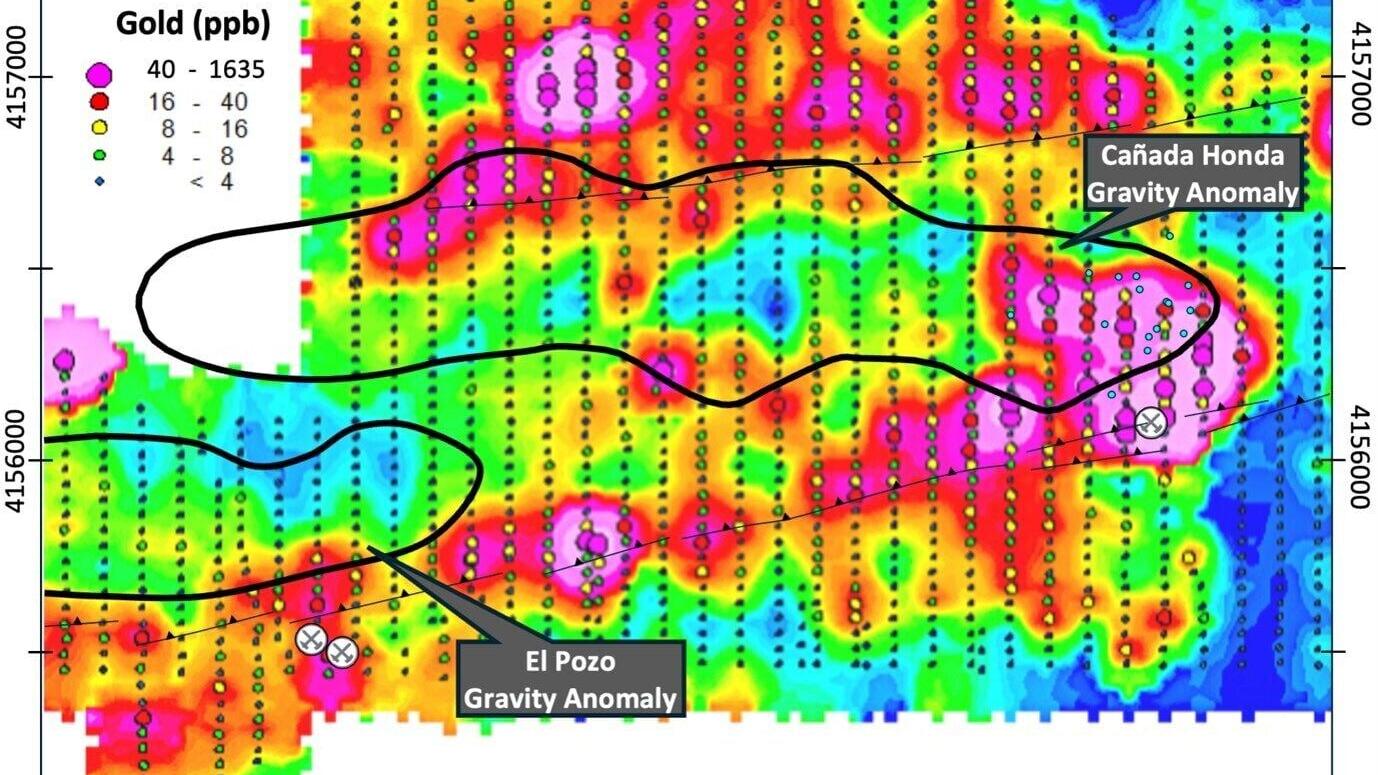 Figure 4 – Soil gold geochemistry and priority target areas across the Cañada Honda and El Pozo corridor