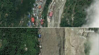 (COMBO) This combination of handout satellite images released by Vantor on August 28, 2026 shows a part of the town of Timure, Nepal on July 1, 2026 (top) and on August 28, 2026 (bottom) after the floods
