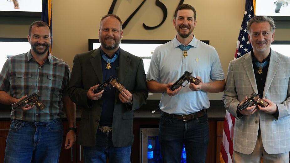 From left to right: Staff Sergeant Salvatore A. Giunta, Master Sergeant Earl D. Plumlee, Staff Sergeant Ryan M. Pitts, Staff Sergeant David G. Bellavia.