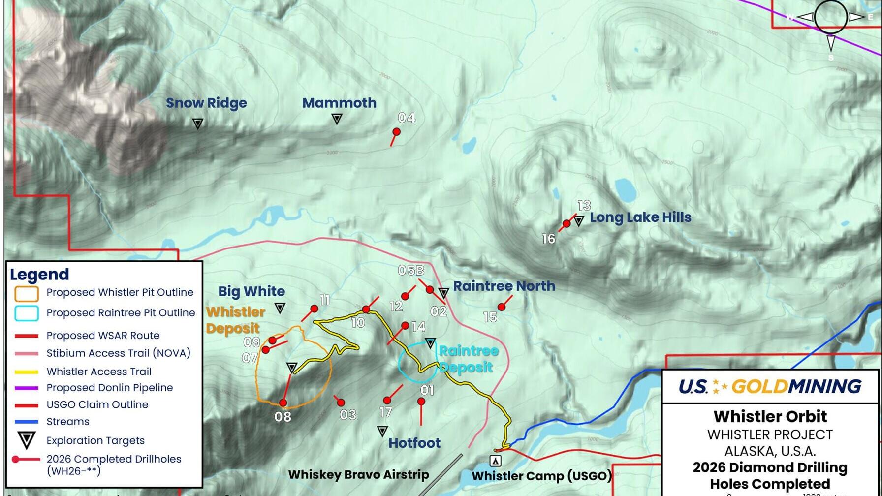 Figure 1 Drilling locations and targets areas within the ‘Whistler Orbit’, completed during the 2026 summer field season.