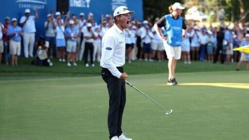 American Michael Brennan celebrates after winning the US PGA Tour Wyndham Championship at Greensboro, North Carolina